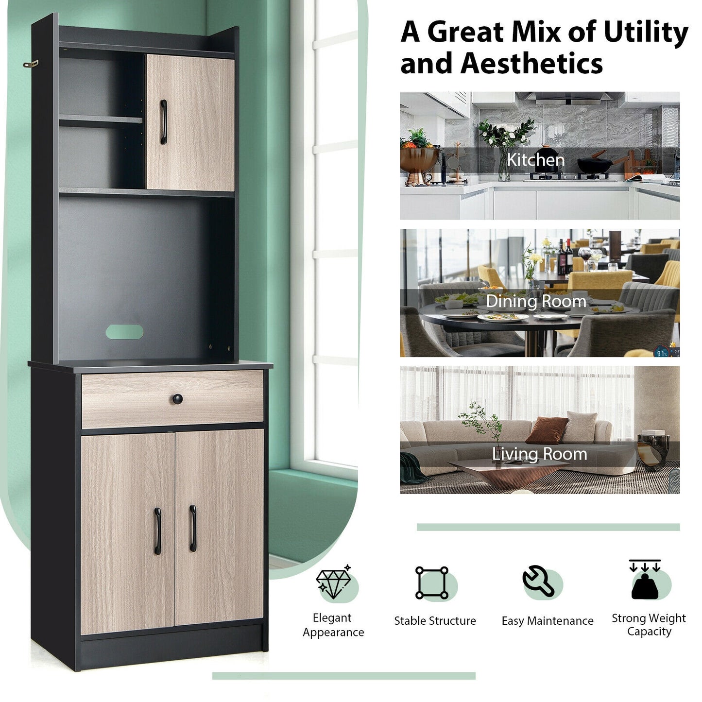 Tall Kitchen Pantry Cabinet with Hutch Adjustable Shelves and 3 Doors Black 71 Inch Storage Buffet