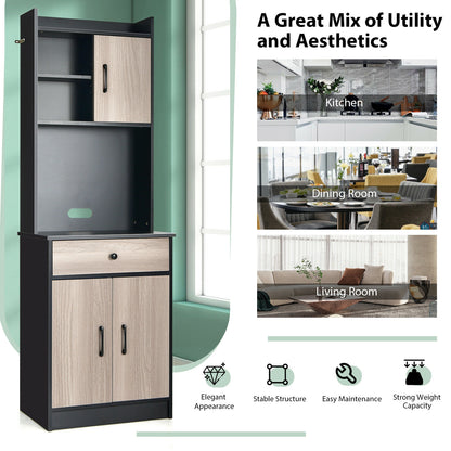 Tall Kitchen Pantry Cabinet with Hutch Adjustable Shelves and 3 Doors Black 71 Inch Storage Buffet