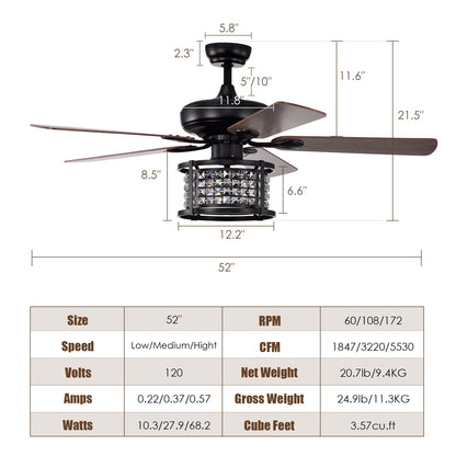 52 Inch Crystal Chandelier Ceiling Fan with 3 Speed Remote Control & Reversible Blades