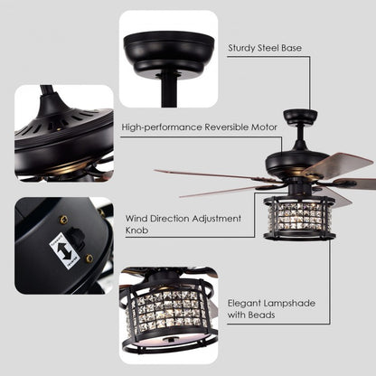 52 Inch Crystal Chandelier Ceiling Fan with 3 Speed Remote Control & Reversible Blades