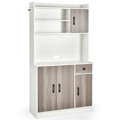 Freestanding Kitchen Pantry Cabinet with Hutch, 4 Doors and Adjustable Shelves - White