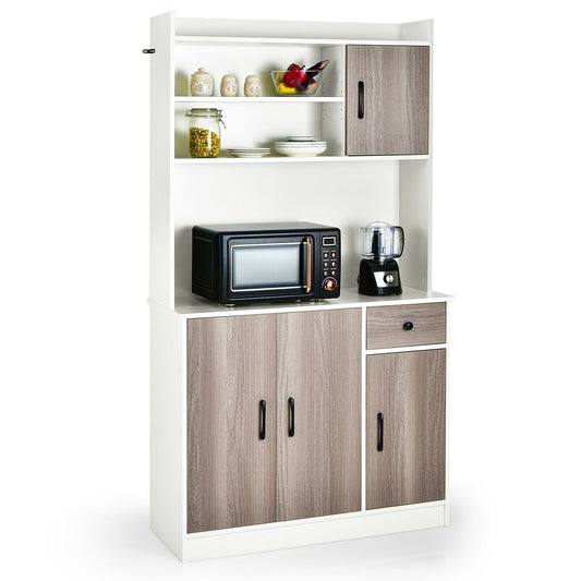 Freestanding Kitchen Pantry Cabinet with Hutch, 4 Doors and Adjustable Shelves - White
