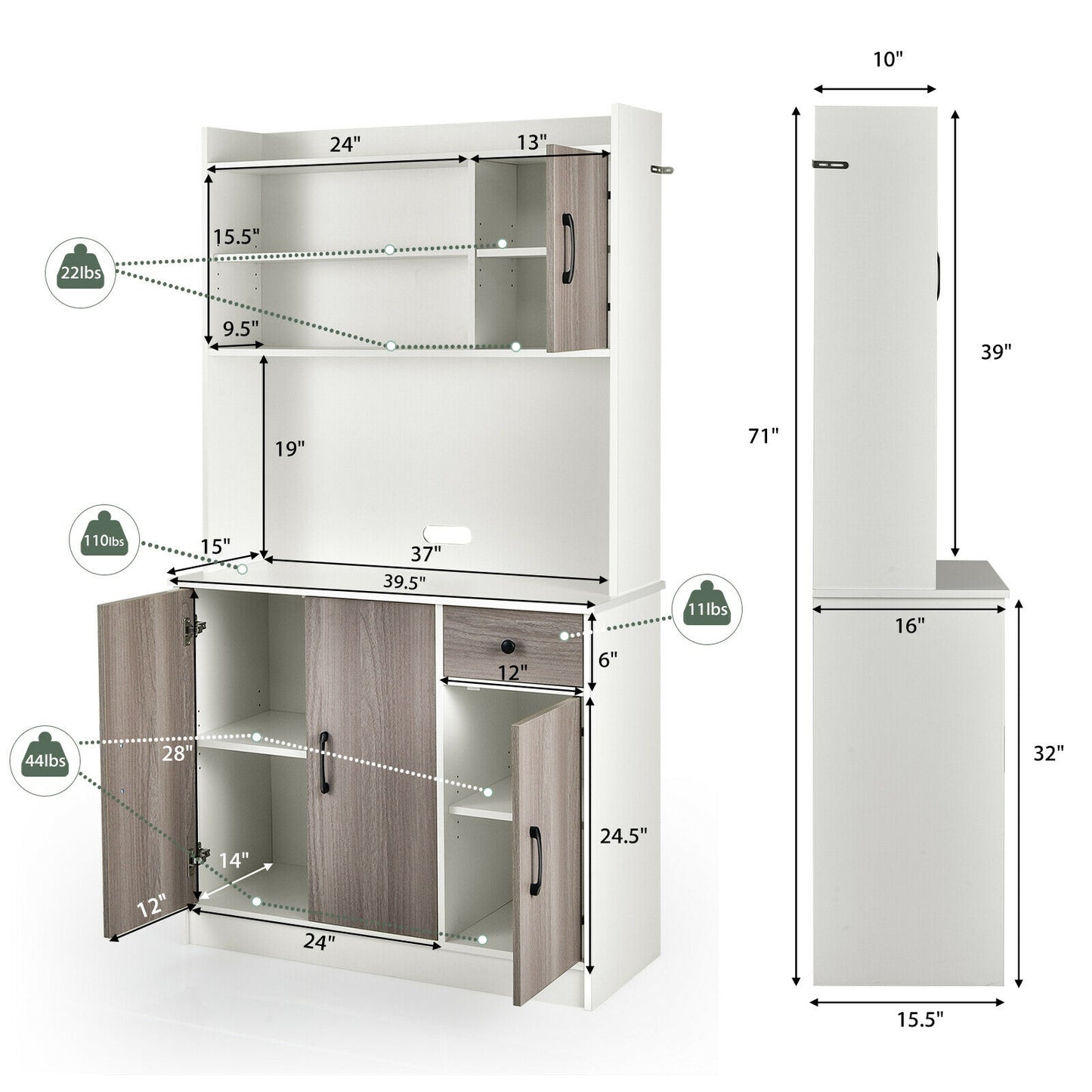 Freestanding Kitchen Pantry Cabinet with Hutch, 4 Doors and Adjustable Shelves - White