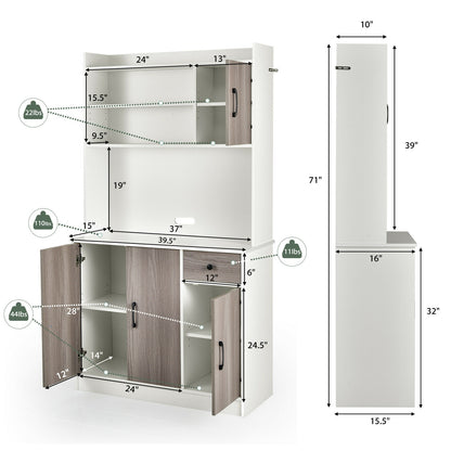 Freestanding Kitchen Pantry Cabinet with Hutch, 4 Doors and Adjustable Shelves - White