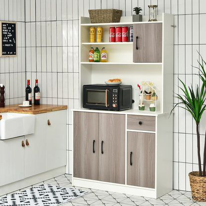 Freestanding Kitchen Pantry Cabinet with Hutch, 4 Doors and Adjustable Shelves - White