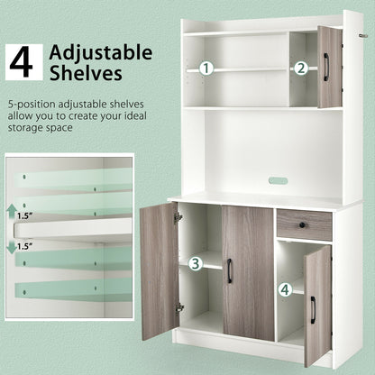 Freestanding Kitchen Pantry Cabinet with Hutch, 4 Doors and Adjustable Shelves - White