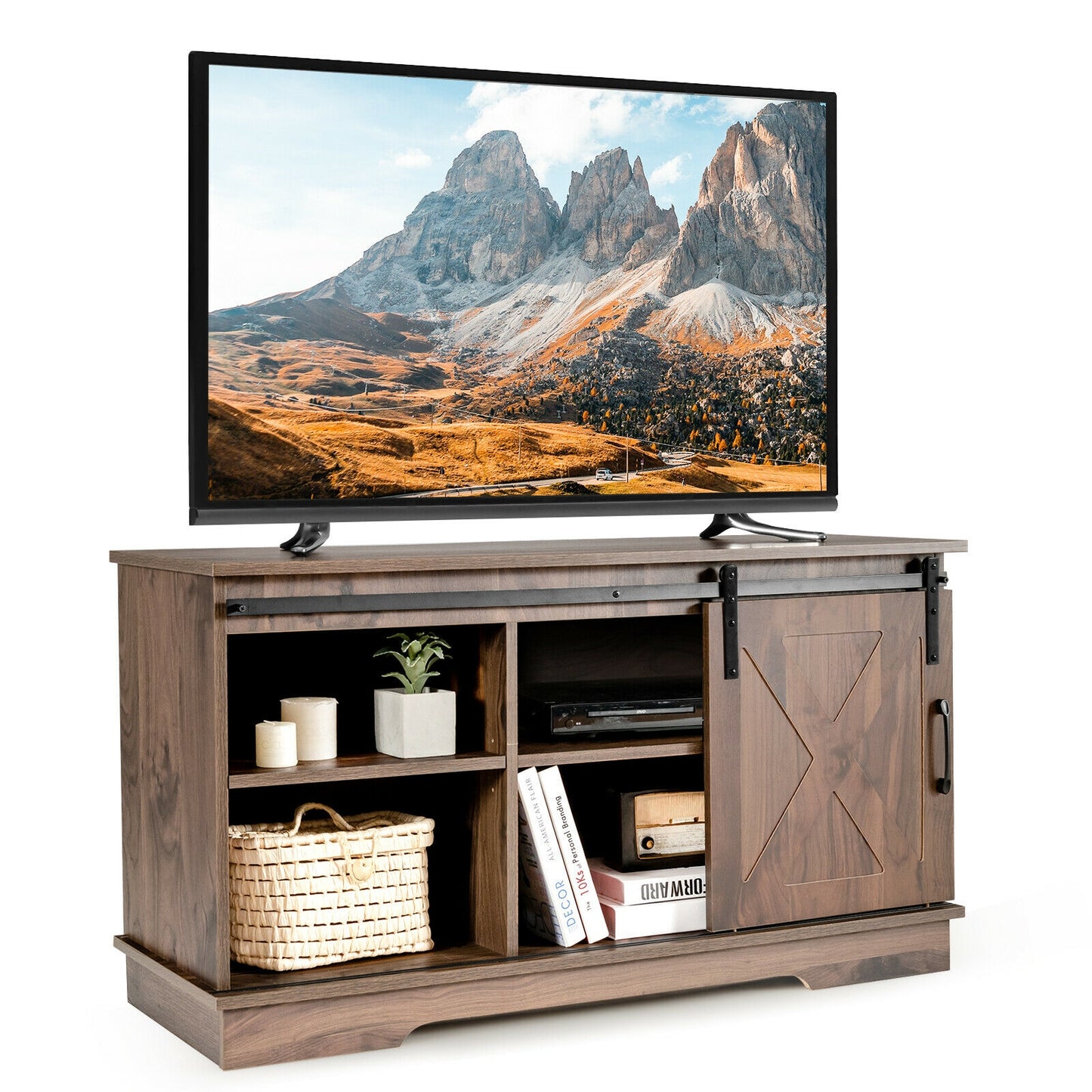 Farmhouse Sliding Barn Door TV Stand with Adjustable Shelf and Cable Management for TVs up to 50 Inch