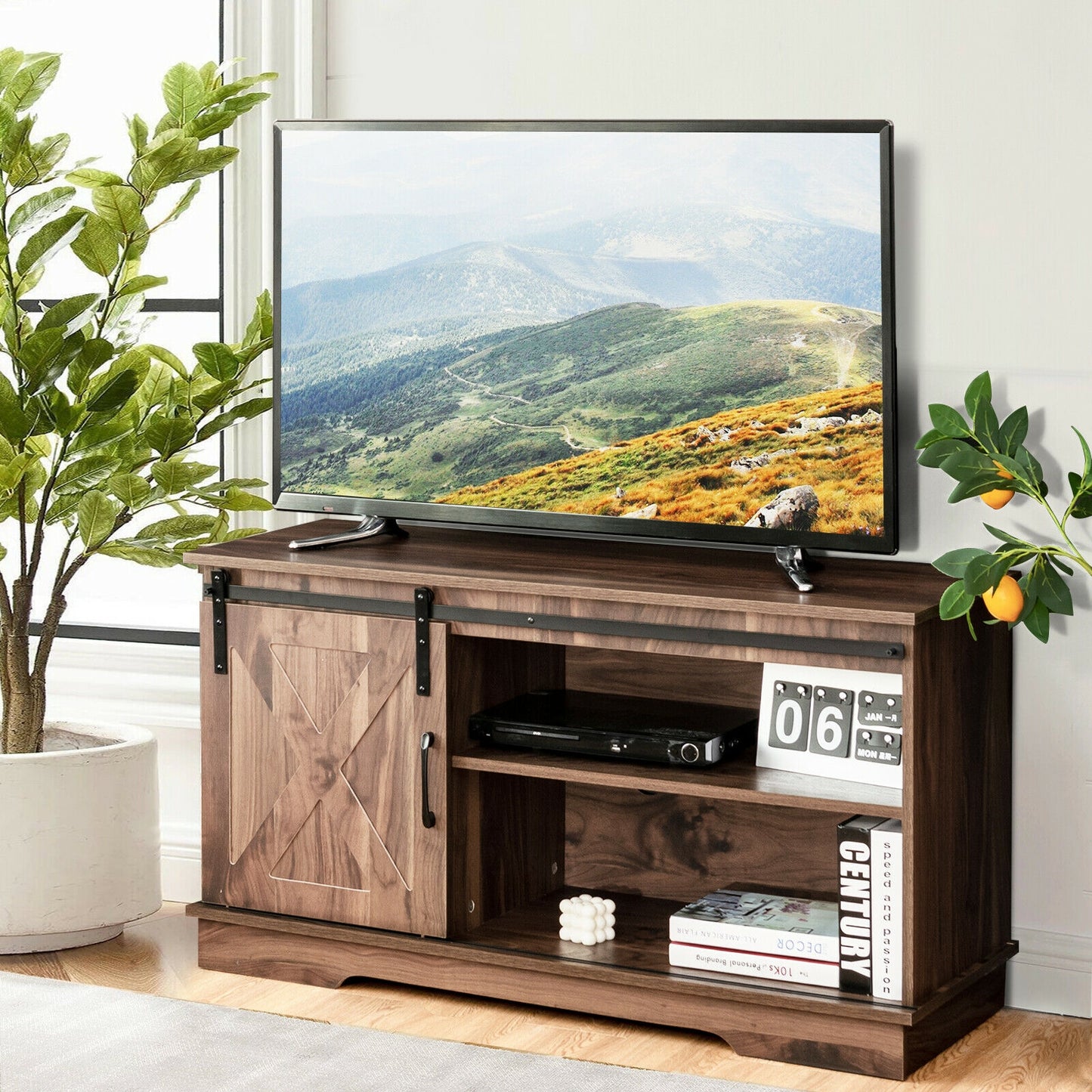 Farmhouse Sliding Barn Door TV Stand with Adjustable Shelf and Cable Management for TVs up to 50 Inch