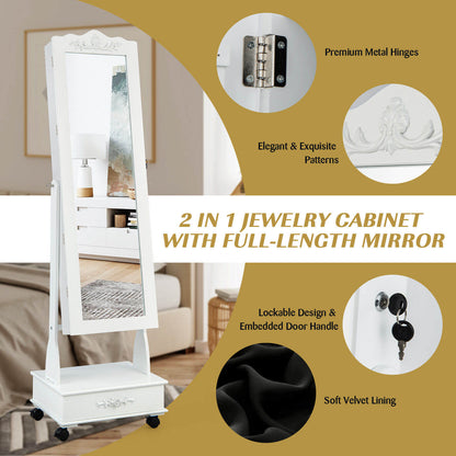 Rolling Full-Length Mirror Jewelry Armoire with Lockable Storage, Drawers and LED Lighting – White