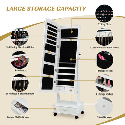 Rolling Full-Length Mirror Jewelry Armoire with Lockable Storage, Drawers and LED Lighting – White