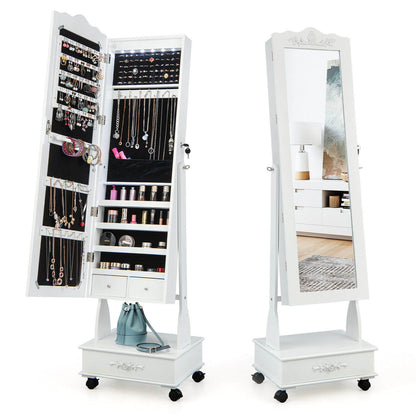Rolling Full-Length Mirror Jewelry Armoire with Lockable Storage, Drawers and LED Lighting – White