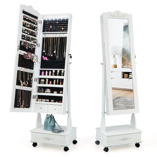 Rolling Full-Length Mirror Jewelry Armoire with Lockable Storage, Drawers and LED Lighting – White