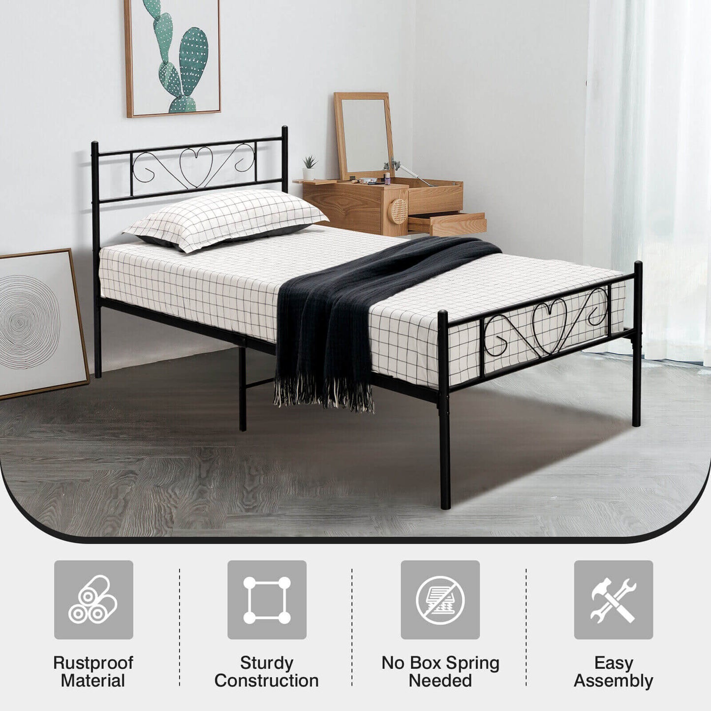 Stylish Twin XL Metal Bed Frame with Elegant Heart-Shaped Headboard