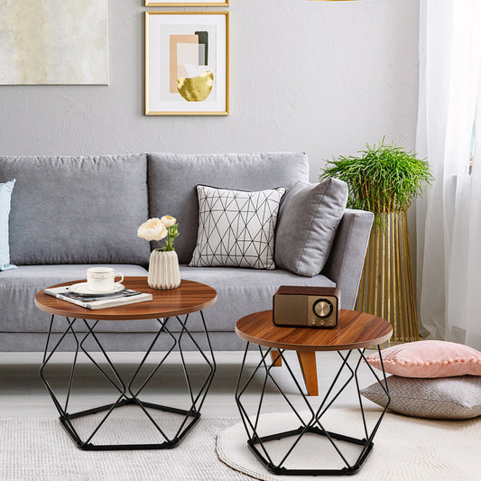 Rustic Round Coffee Table Set of 2 with Stylish Steel Base