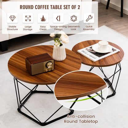 Rustic Round Coffee Table Set of 2 with Stylish Steel Base