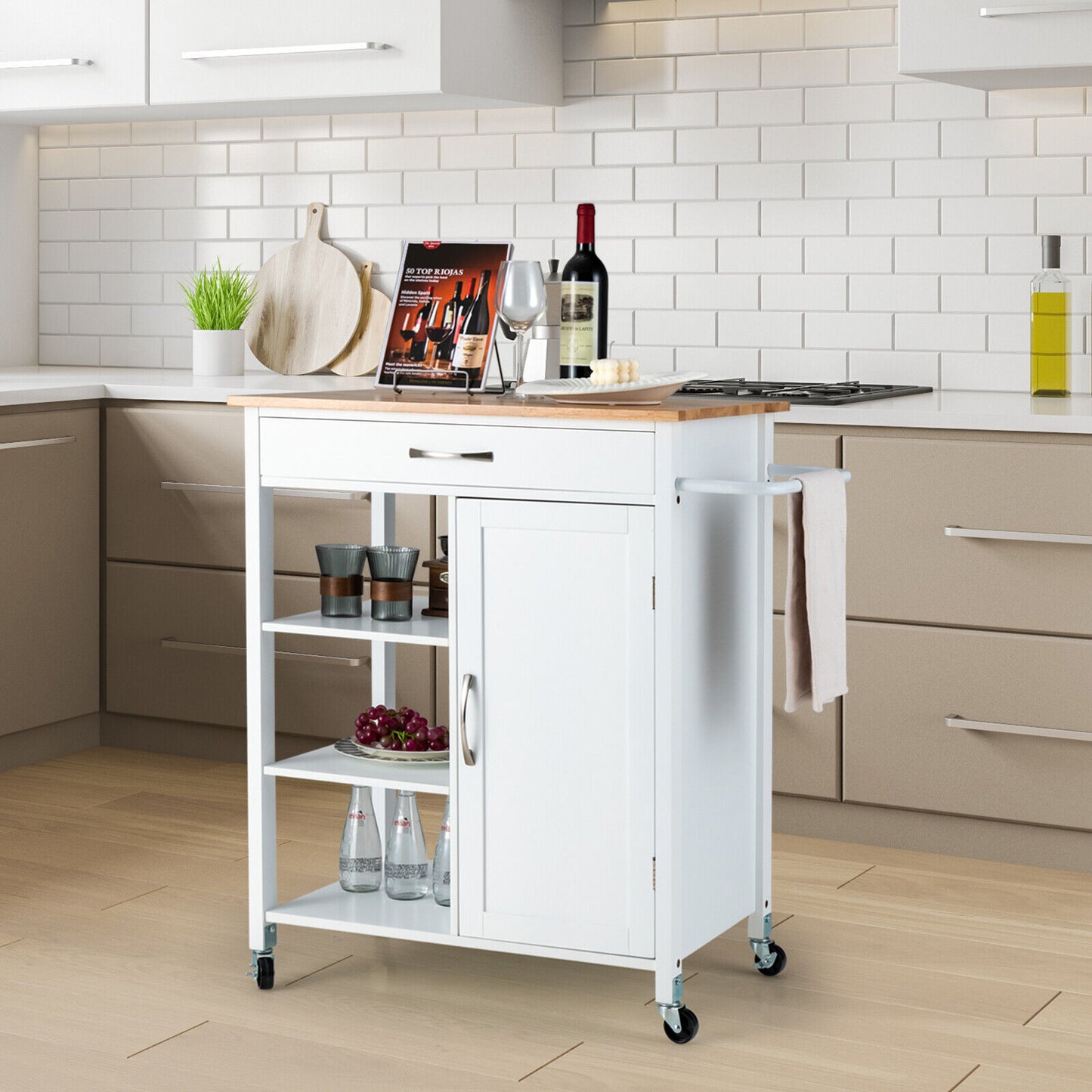 Rolling Kitchen Island Cart with Storage Drawers Shelves and Wood Countertop - White