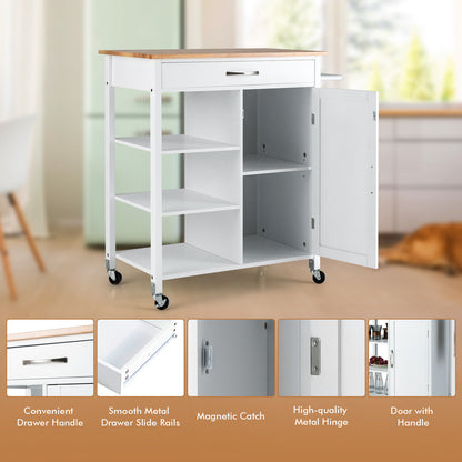 Rolling Kitchen Island Cart with Storage Drawers Shelves and Wood Countertop - White