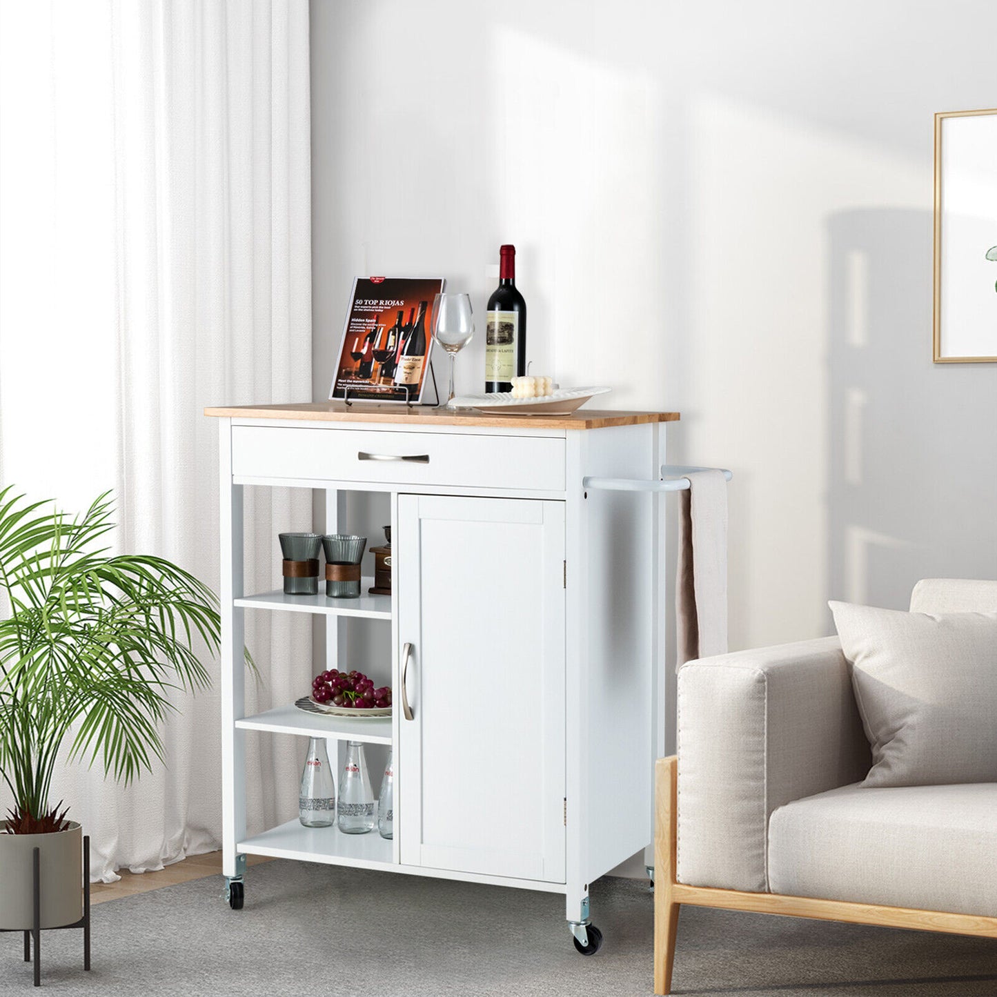 Rolling Kitchen Island Cart with Storage Drawers Shelves and Wood Countertop - White