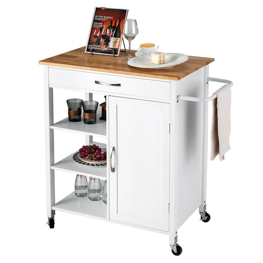 Rolling Kitchen Island Cart with Storage Drawers Shelves and Wood Countertop - White
