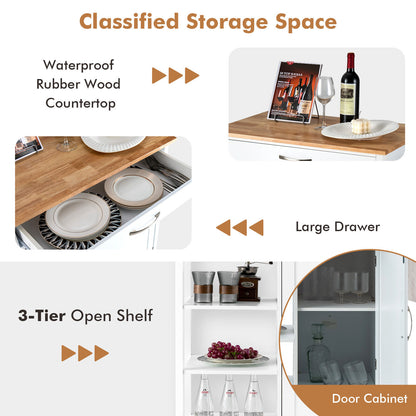 Rolling Kitchen Island Cart with Storage Drawers Shelves and Wood Countertop - White