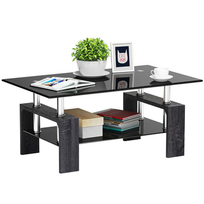 Modern Glass Coffee Table with Lower Shelf and Rectangular Design - Grey