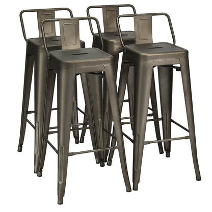 Set of 4 Metal 30 Inch Bar Stools with Low Backrest and Non-Slip Rubber Feet in Gunmetal Finish