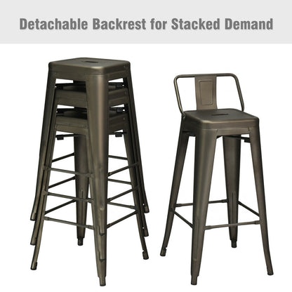 Set of 4 Metal 30 Inch Bar Stools with Low Backrest and Non-Slip Rubber Feet in Gunmetal Finish