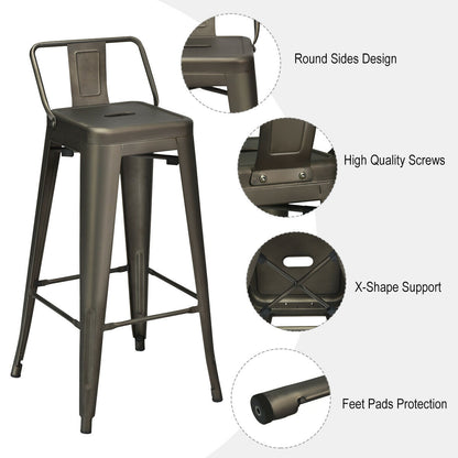 Set of 4 Metal 30 Inch Bar Stools with Low Backrest and Non-Slip Rubber Feet in Gunmetal Finish