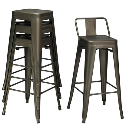Set of 4 Metal 30 Inch Bar Stools with Low Backrest and Non-Slip Rubber Feet in Gunmetal Finish