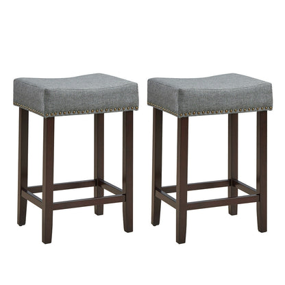 Set of 2 Upholstered 24 Inch Saddle Bar Stools with Nailhead Trim and Solid Wood Legs – Grey