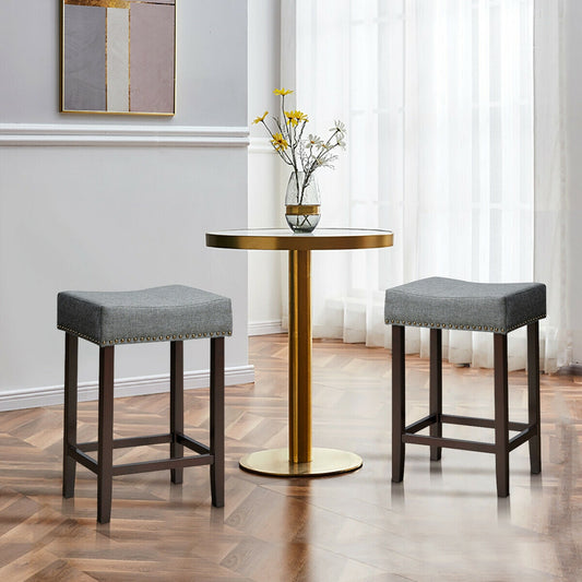 Set of 2 Upholstered 24 Inch Saddle Bar Stools with Nailhead Trim and Solid Wood Legs – Grey