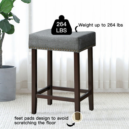 Set of 2 Upholstered 24 Inch Saddle Bar Stools with Nailhead Trim and Solid Wood Legs – Grey