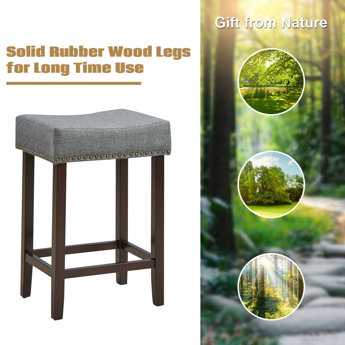 Set of 2 Upholstered 24 Inch Saddle Bar Stools with Nailhead Trim and Solid Wood Legs – Grey