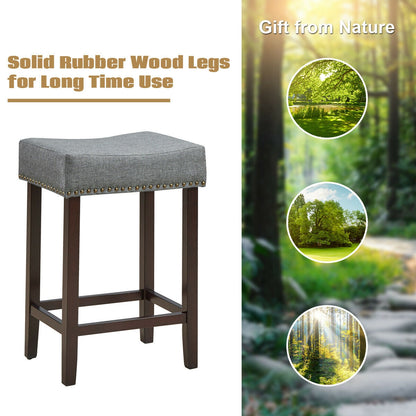 Set of 2 Upholstered 24 Inch Saddle Bar Stools with Nailhead Trim and Solid Wood Legs – Grey