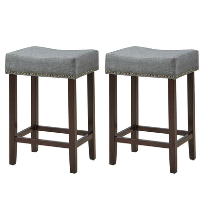 Set of 2 Upholstered 24 Inch Saddle Bar Stools with Nailhead Trim and Solid Wood Legs – Grey