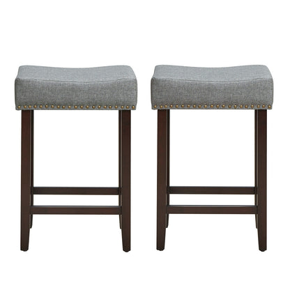 Set of 2 Upholstered 24 Inch Saddle Bar Stools with Nailhead Trim and Solid Wood Legs – Grey