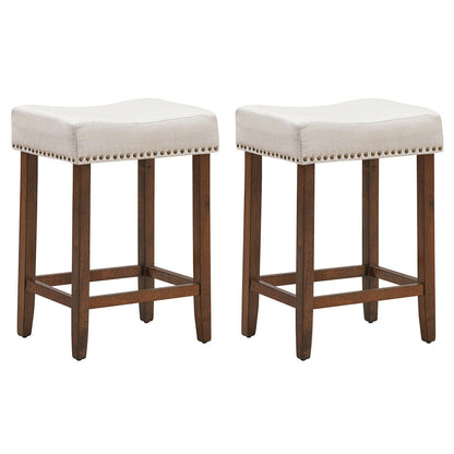 Set of 2 Upholstered 24 Inch Saddle Bar Stools with Nailhead Trim and Solid Wood Legs – Beige