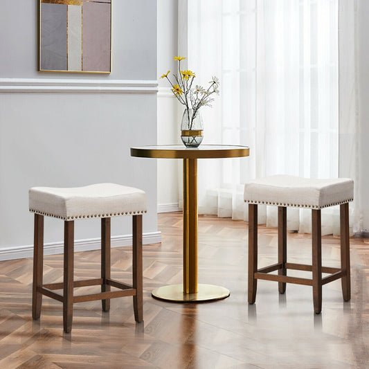 Set of 2 Upholstered 24 Inch Saddle Bar Stools with Nailhead Trim and Solid Wood Legs – Beige