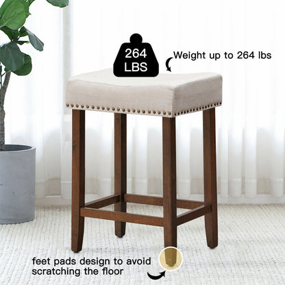 Set of 2 Upholstered 24 Inch Saddle Bar Stools with Nailhead Trim and Solid Wood Legs – Beige