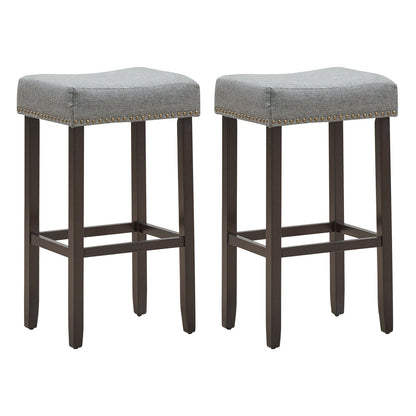 Set of 2 Upholstered 29 Inch Saddle Bar Stools with Nailhead Trim and Solid Wood Legs – Grey