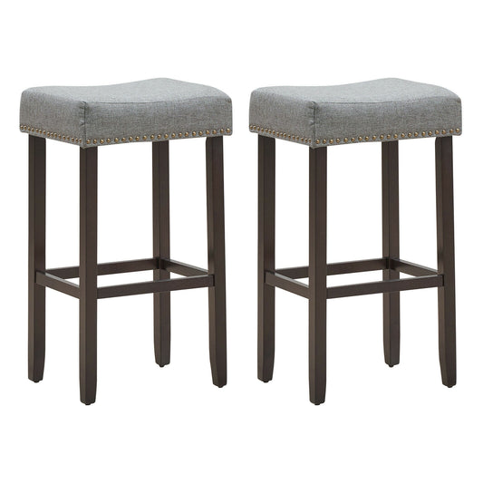 Set of 2 Upholstered 29 Inch Saddle Bar Stools with Nailhead Trim and Solid Wood Legs – Grey