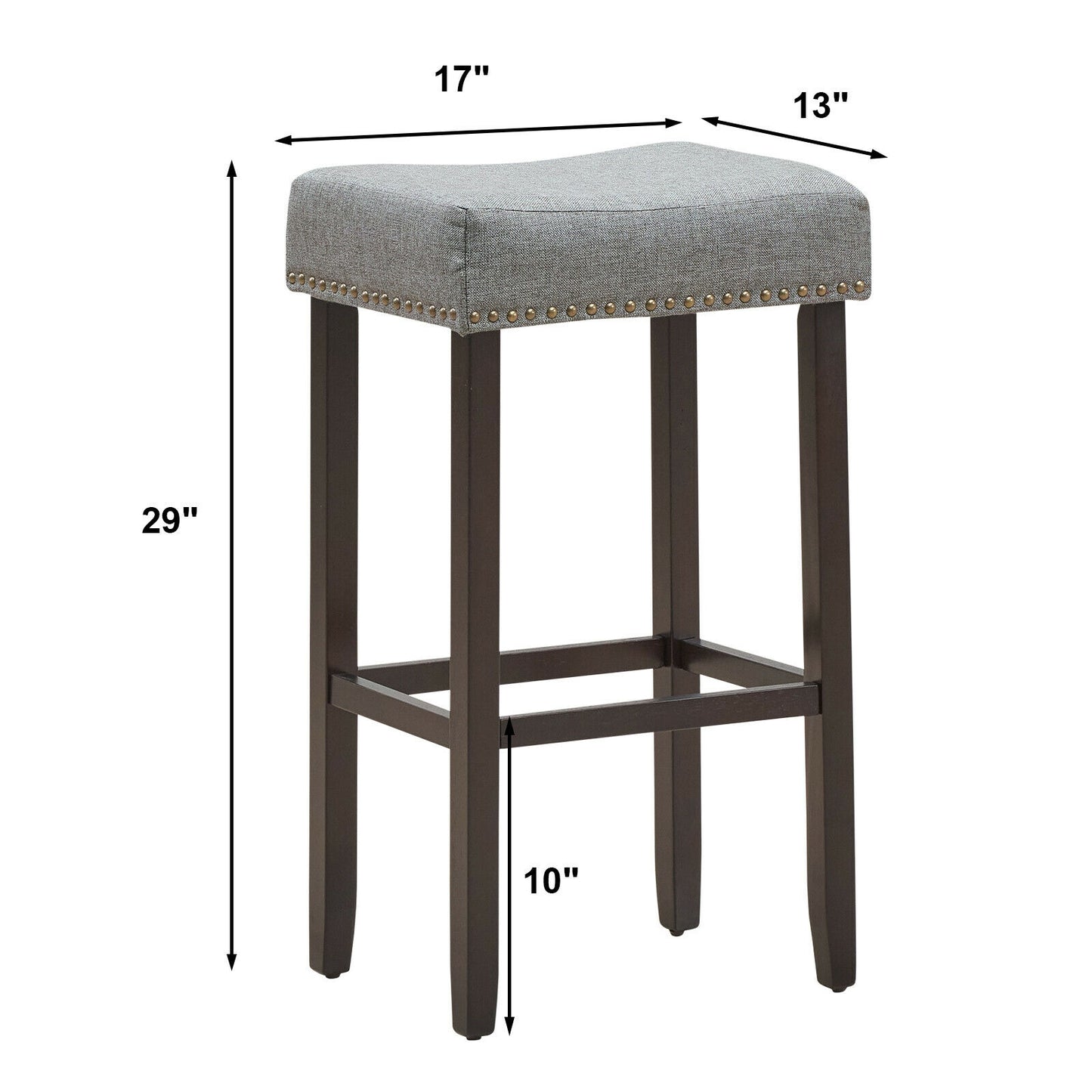 Set of 2 Upholstered 29 Inch Saddle Bar Stools with Nailhead Trim and Solid Wood Legs – Grey