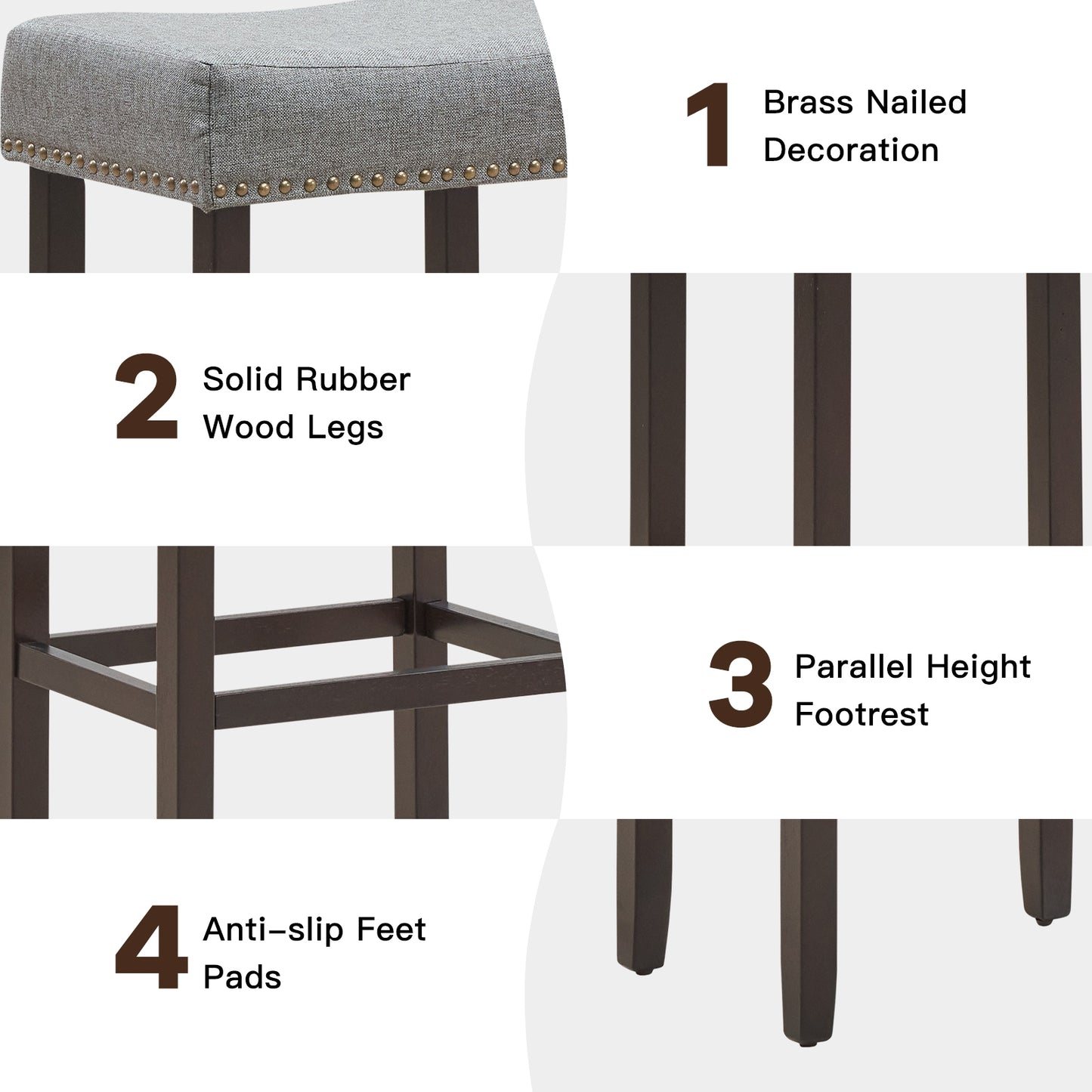Set of 2 Upholstered 29 Inch Saddle Bar Stools with Nailhead Trim and Solid Wood Legs – Grey