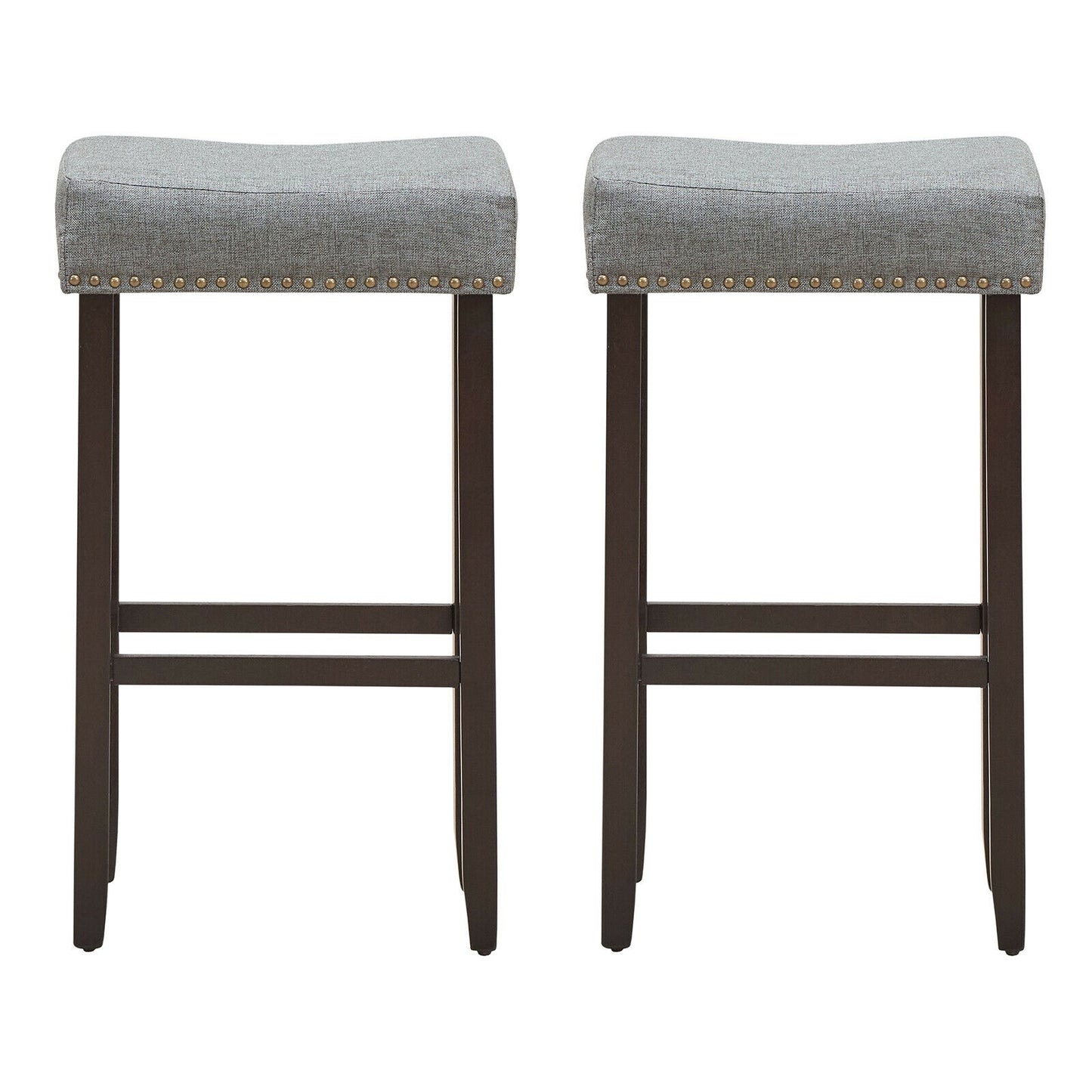 Set of 2 Upholstered 29 Inch Saddle Bar Stools with Nailhead Trim and Solid Wood Legs – Grey