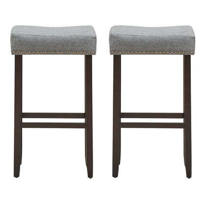 Set of 2 Upholstered 29 Inch Saddle Bar Stools with Nailhead Trim and Solid Wood Legs – Grey
