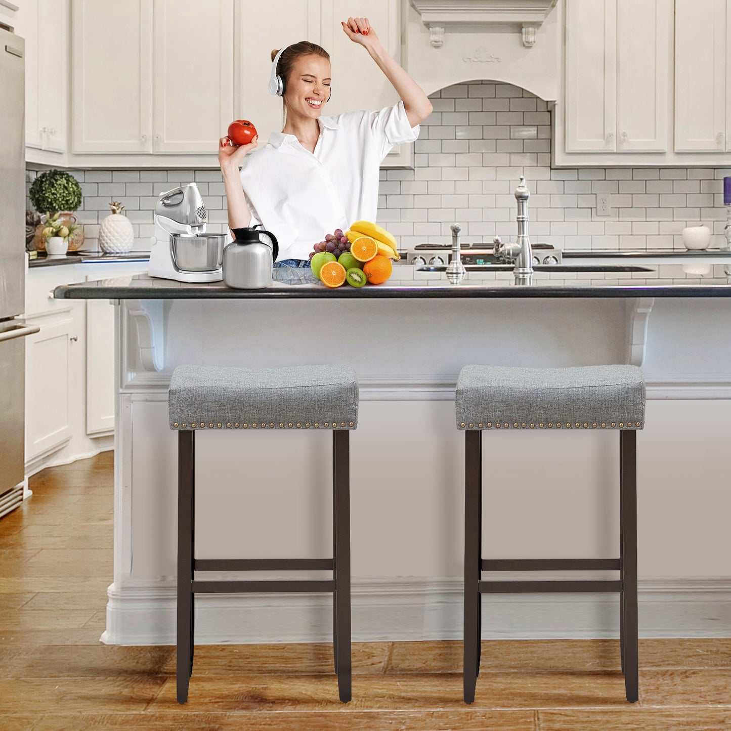 Set of 2 Upholstered 29 Inch Saddle Bar Stools with Nailhead Trim and Solid Wood Legs – Grey