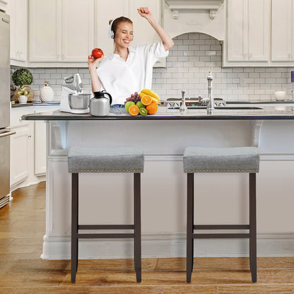 Set of 2 Upholstered 29 Inch Saddle Bar Stools with Nailhead Trim and Solid Wood Legs – Grey