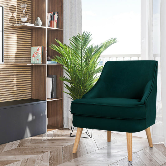Modern Upholstered Armchair with Ergonomic Backrest and Wood Legs - Green