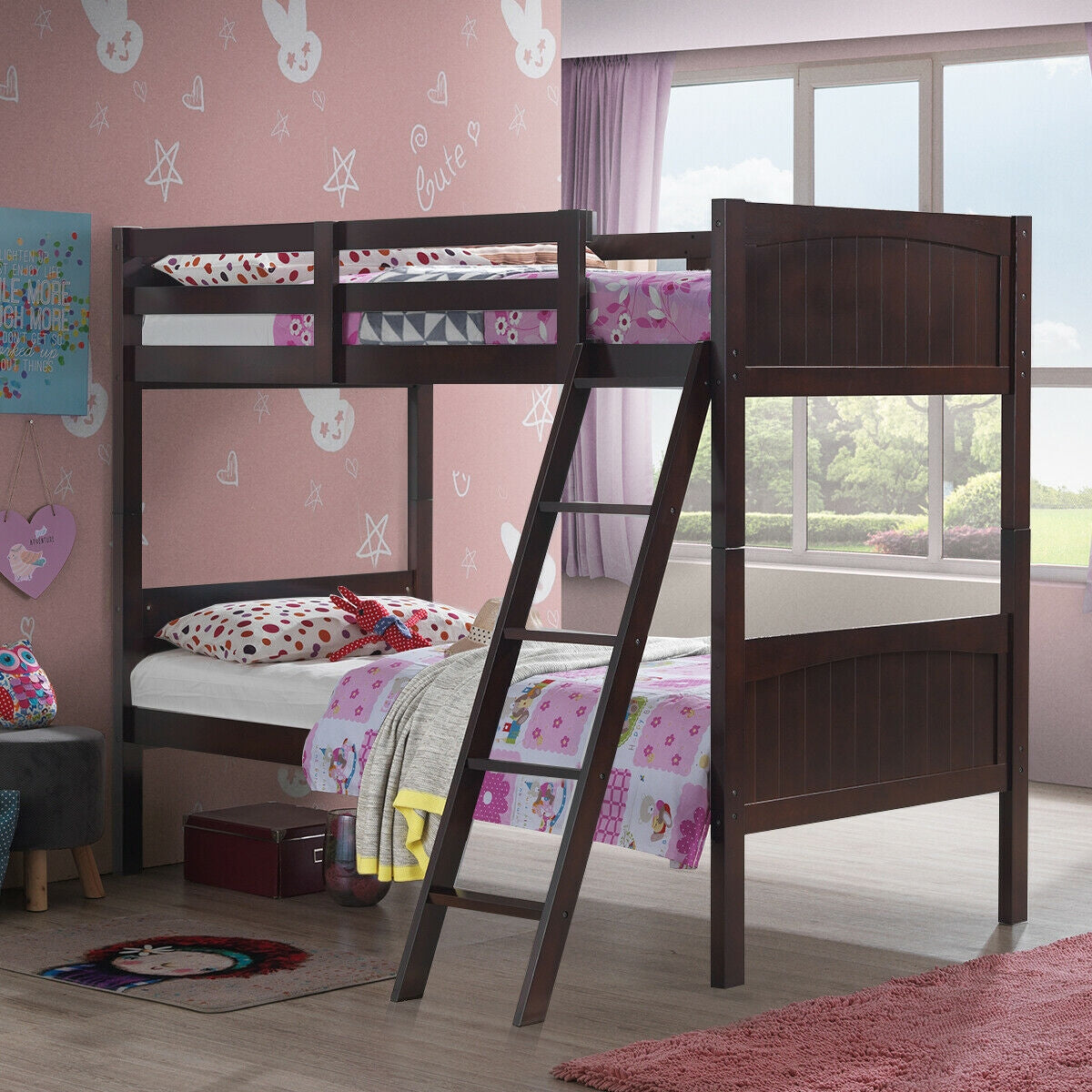 Convertible Twin Bunk Bed to 2 Individual Wooden Beds - Brown