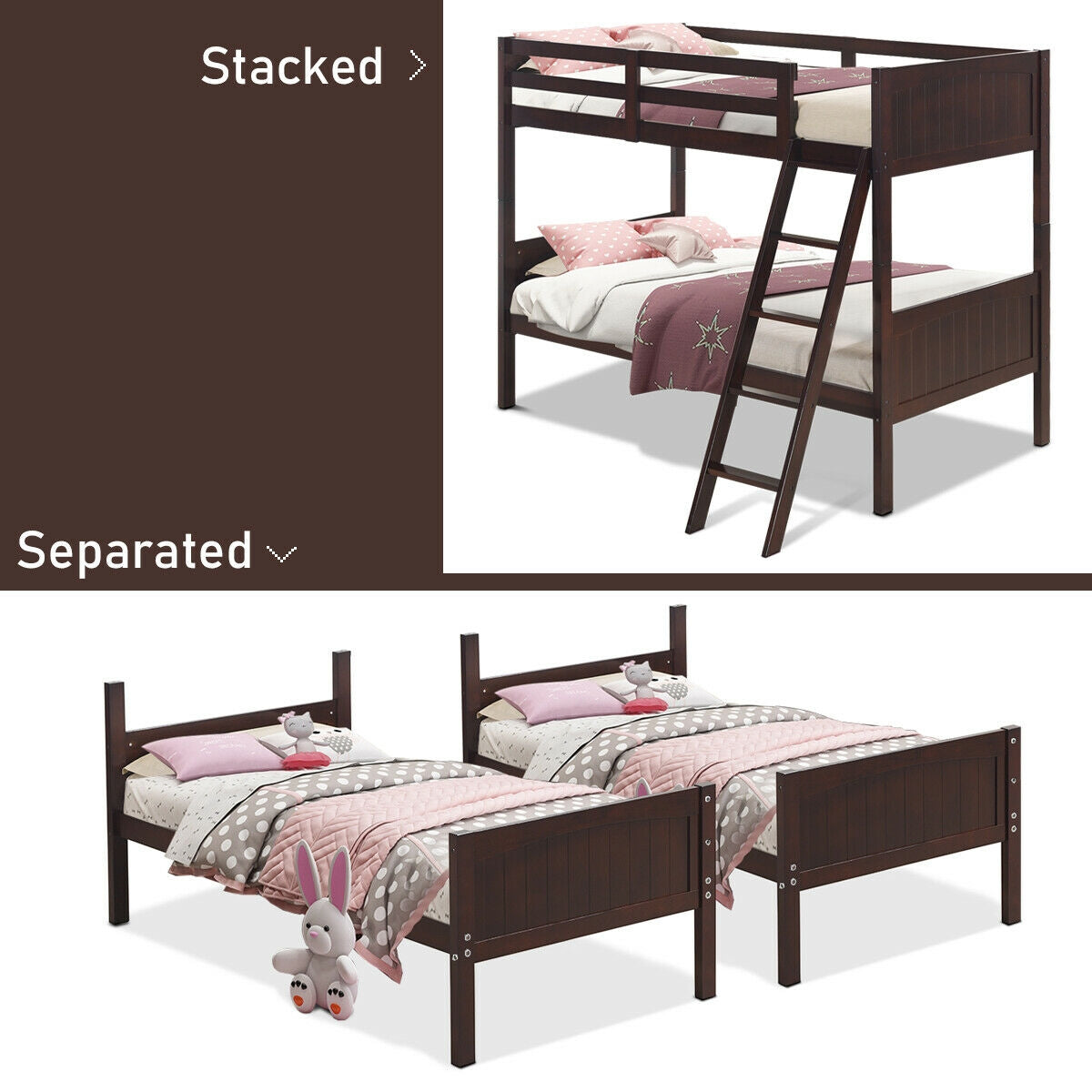 Convertible Twin Bunk Bed to 2 Individual Wooden Beds - Brown